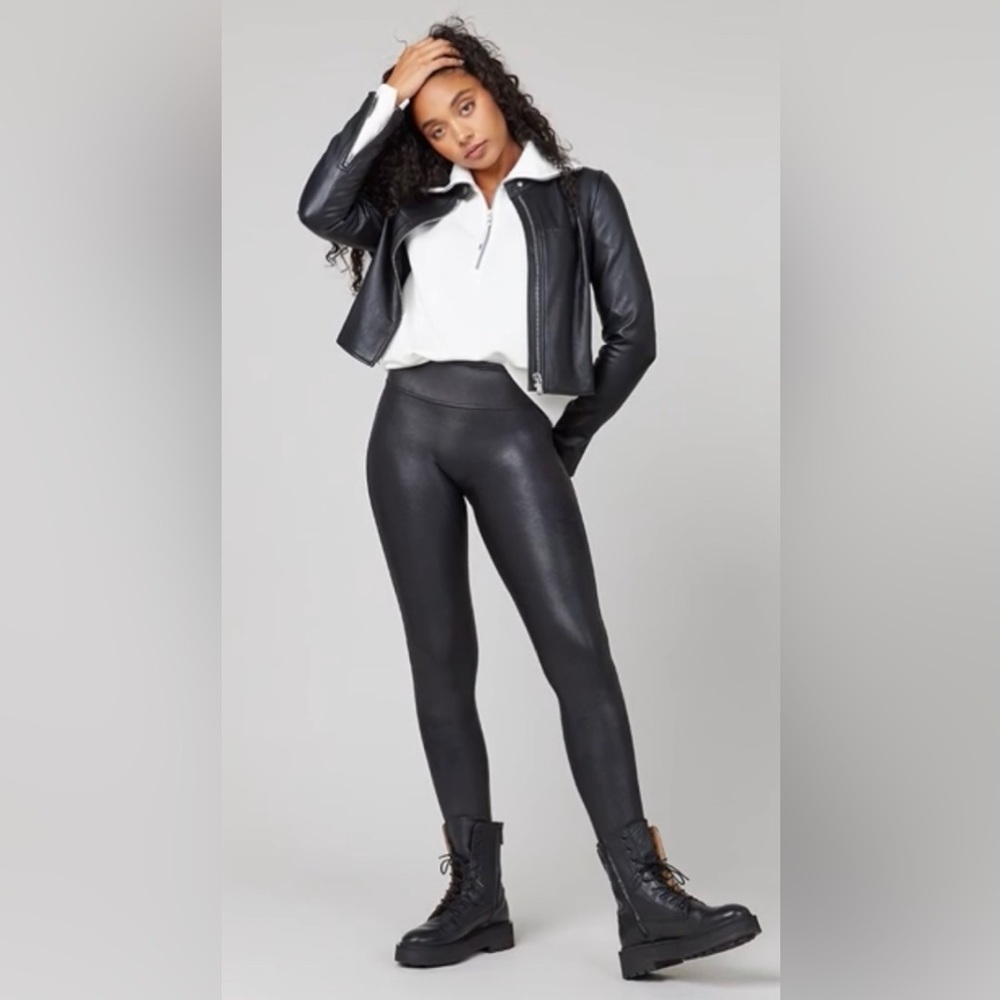 SPANX Faux Leather Leggings Black Petite Small High Waist Power Waistband